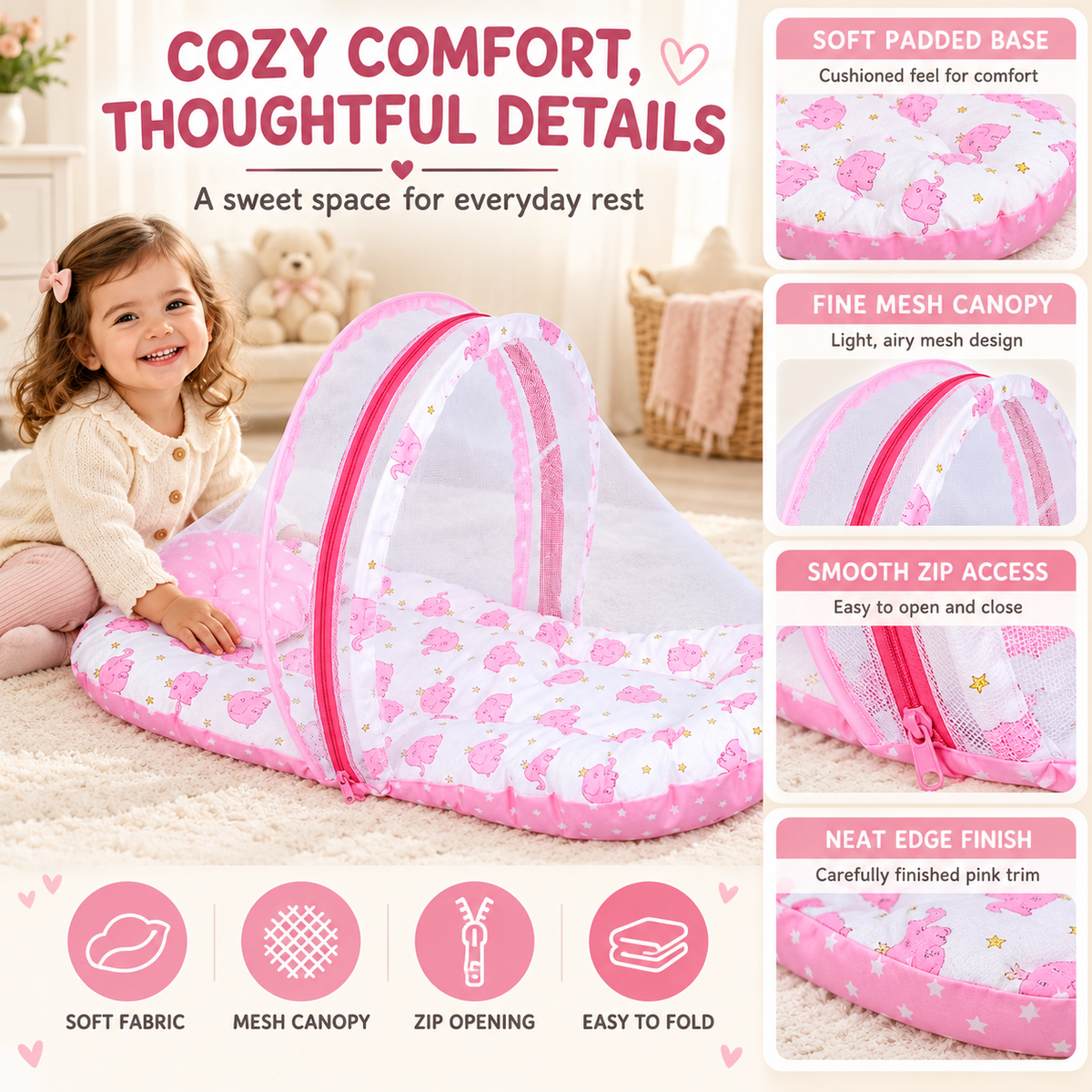 Premium Soft Baby Mosquito Net Bed with Pillow | Portable Infant Sleeping Tent | Pink Elephant Design (75x50cm)