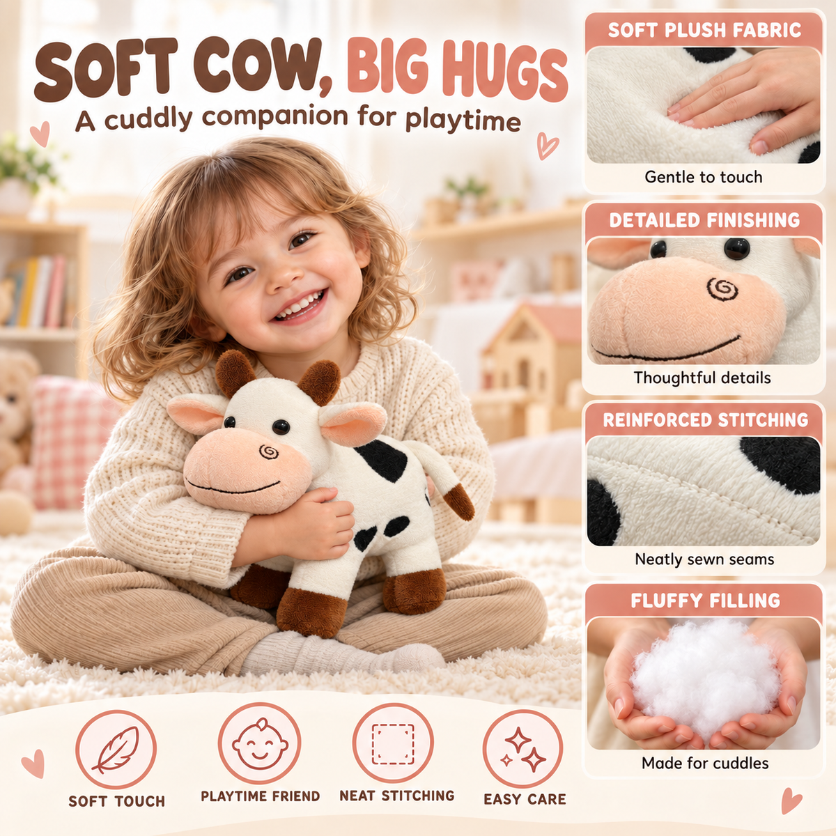 Sweetheart Plush Cow Toy (20cm) – Soft Cuddly Farm Animal with Heart Spots