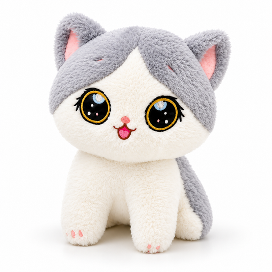 21cm Sitting Cat Plush Toy – Grey & White Fluffy Kitten Stuffed Animal