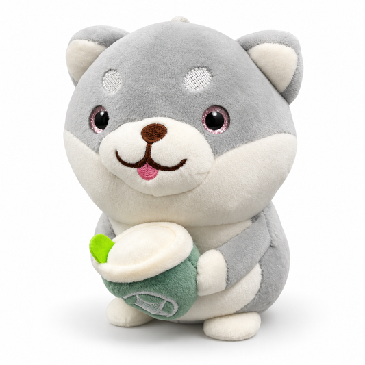 35cm Kawaii Husky Plush Toy – Ultra-Soft Stuffed Dog Holding Green Cup