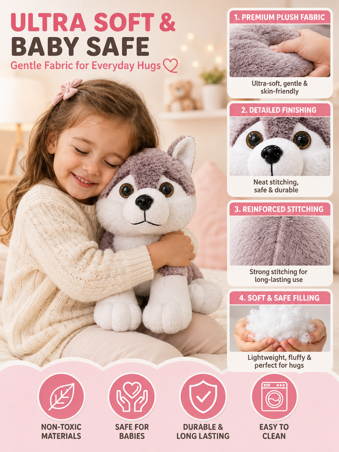 Stuff Tree Grey & White Husky Dog Soft Toy – 30 cm | Plush Puppy with Blue Eyes
