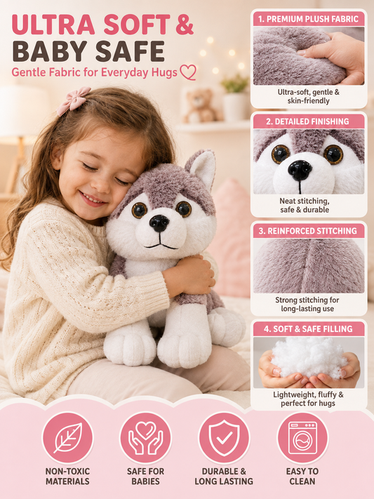 Stuff Tree Grey & White Husky Dog Soft Toy – 30 cm | Plush Puppy with Blue Eyes