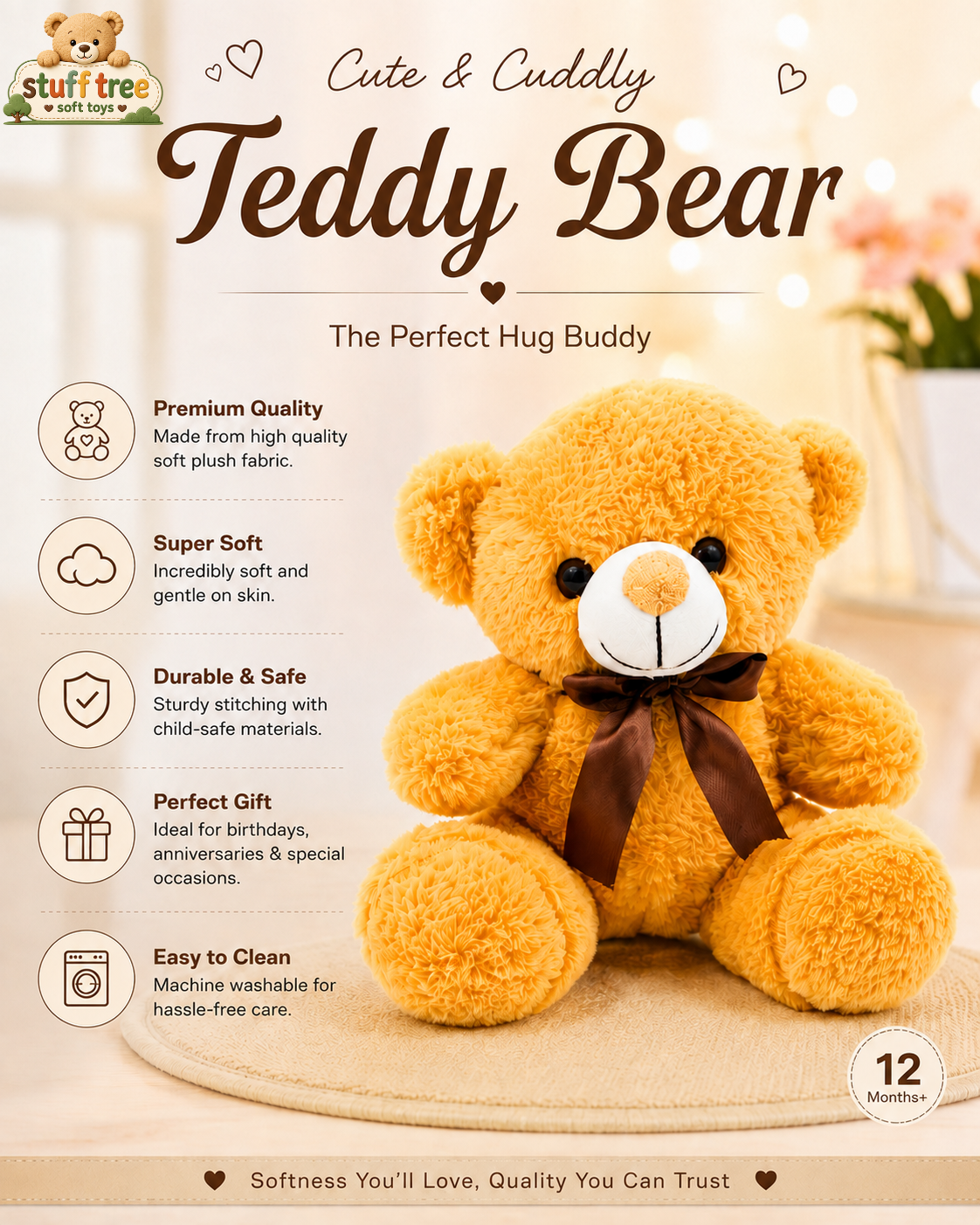 Stuff Tree Bow Teddy Bear Soft Toy – 20 cm | Golden Yellow Plush Teddy with Brown Bow