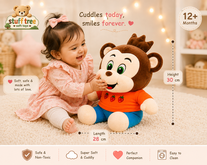 Adorable 28cm Fruit Monkey Soft Toy with Strawberry Orange Shirt and Blue Pants