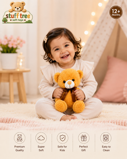 Stuff Tree Bow Teddy Bear Soft Toy – 20 cm | Golden Yellow Plush Teddy with Brown Bow