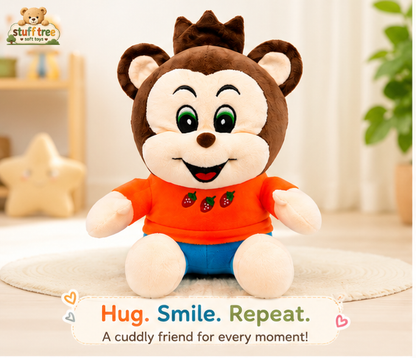 Adorable 28cm Fruit Monkey Soft Toy with Strawberry Orange Shirt and Blue Pants
