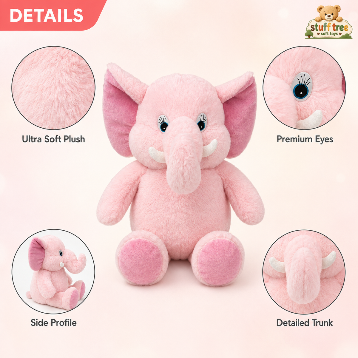 Stuff Tree Ultra Soft Pink Elephant Plush Toy (45cm) - Premium Cuddly Companion