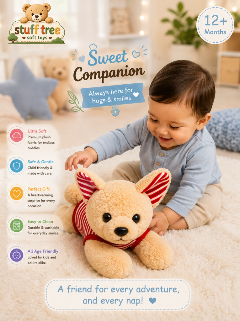 Snuggly 30cm Happy Dog Plush Toy with Red Striped Shirt