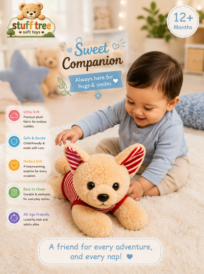 Snuggly 30cm Happy Dog Plush Toy with Red Striped Shirt
