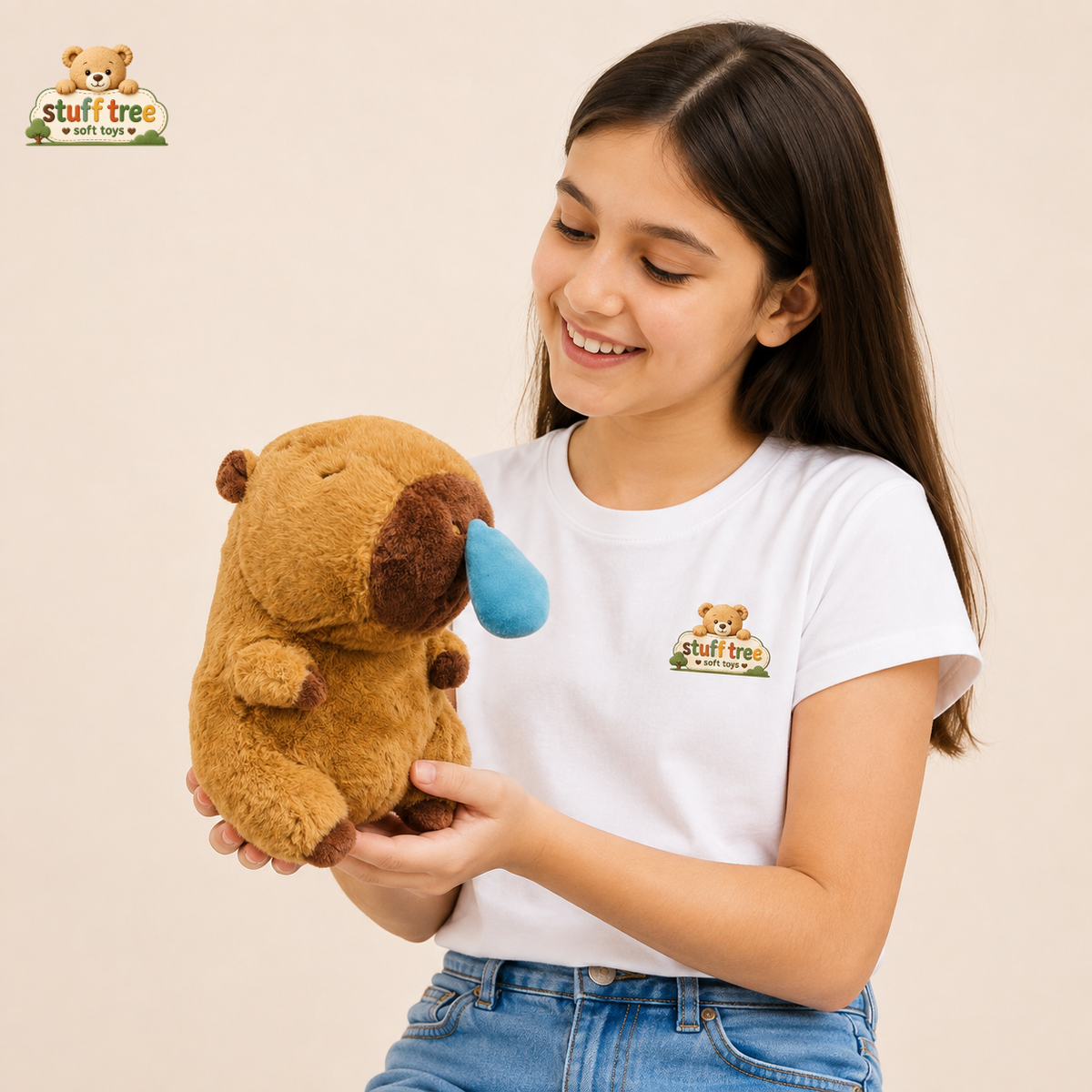 Stuff Tree Capybara Soft Toy 35 cm | Sleepy Brown Plush with Blue Droplet | Cute Gift for Plush Lovers