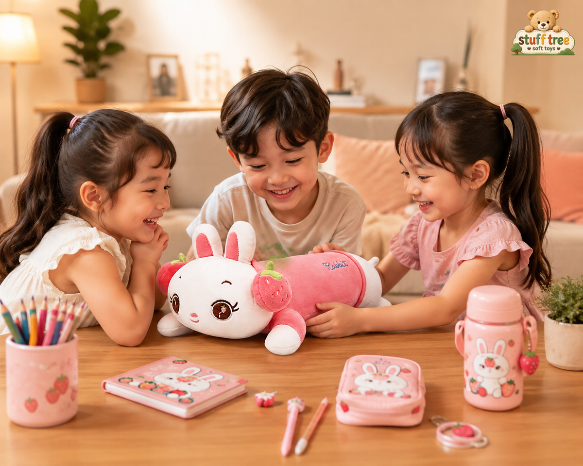 Sweet Strawberry Headphone Bunny Plush Pillow – 40cm