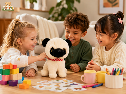 Stuff Tree Pug Dog Soft Toy, 30 cm | Cream and Black Plush Puppy with Red Check Collar