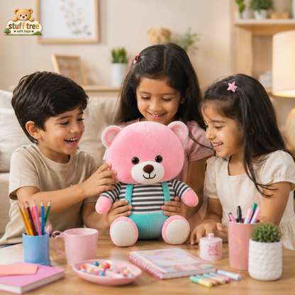 8cm Premium Pink Plush Teddy Bear Soft Toy with Striped Shirt & Overalls