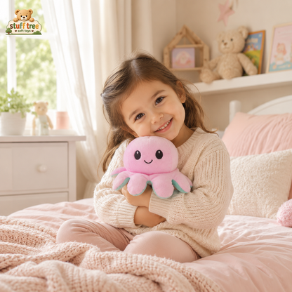 Stuff Tree Reversible Octopus Soft Toy – 20 cm | Pink & Aqua Double-Sided Mood Plush with Happy & Grumpy Faces