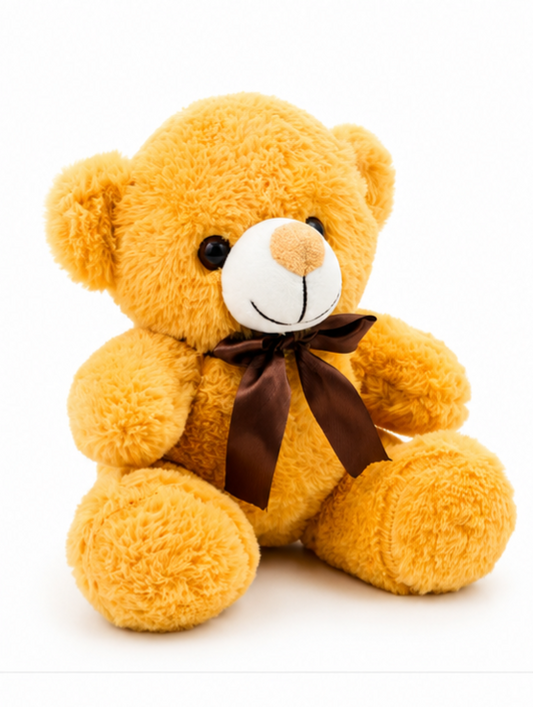 Stuff Tree Bow Teddy Bear Soft Toy – 20 cm | Golden Yellow Plush Teddy with Brown Bow