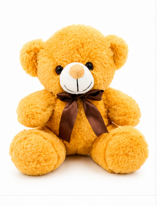 Stuff Tree Bow Teddy Bear Soft Toy – 20 cm | Golden Yellow Plush Teddy with Brown Bow