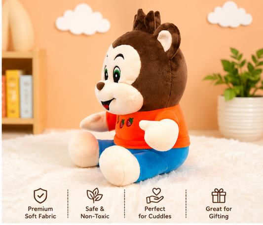 Adorable 28cm Fruit Monkey Soft Toy with Strawberry Orange Shirt and Blue Pants