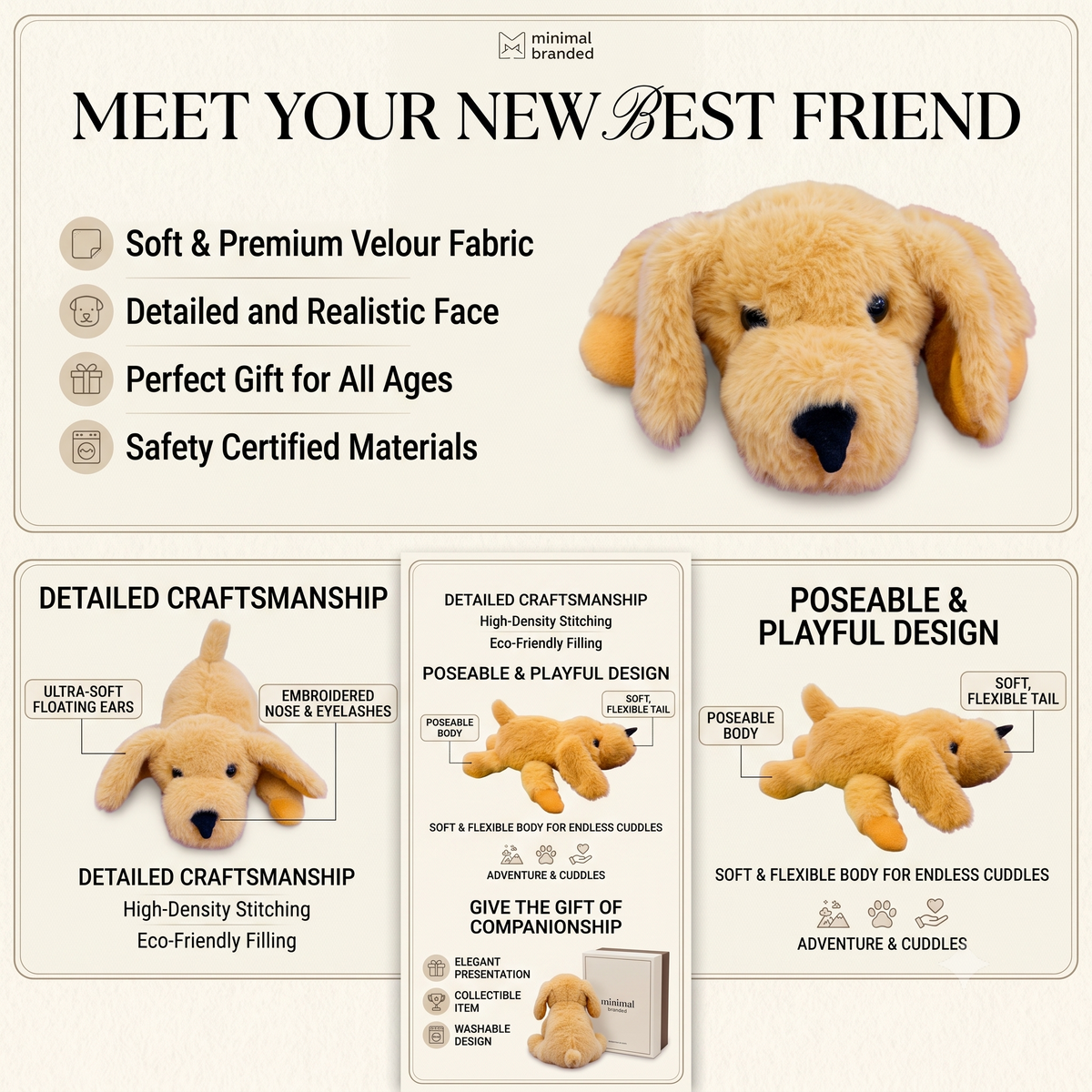 Stuff Tree Lying Dog Soft Toy – Fluffy Golden Plush Puppy, 20 cm