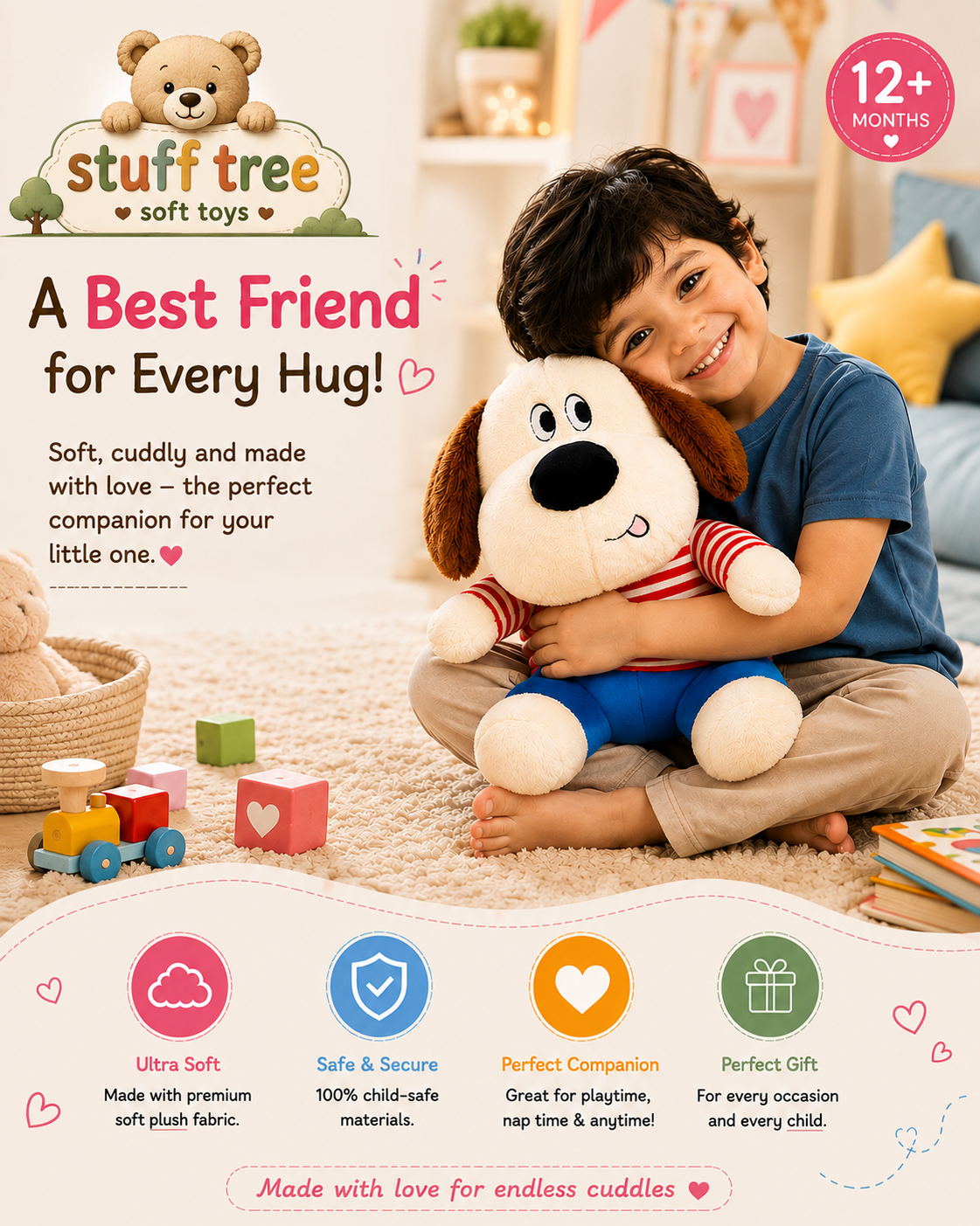 Stuff Tree Sweet Dog Soft Toy – 30 cm | White Plush Puppy with Brown Ears