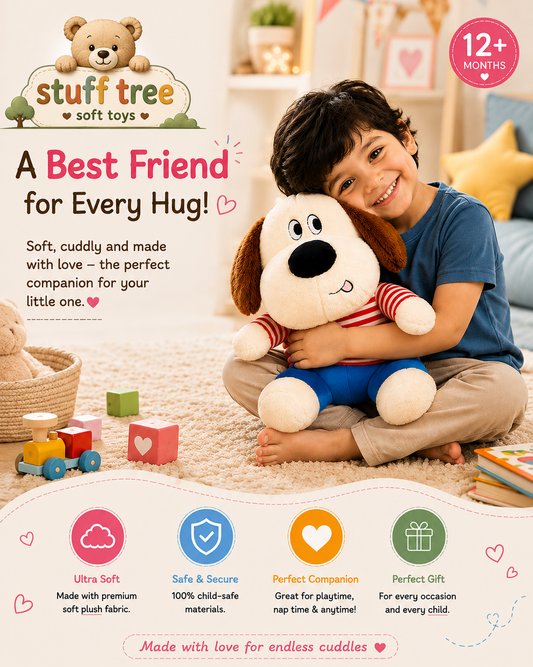 Stuff Tree Sweet Dog Soft Toy – 30 cm | White Plush Puppy with Brown Ears